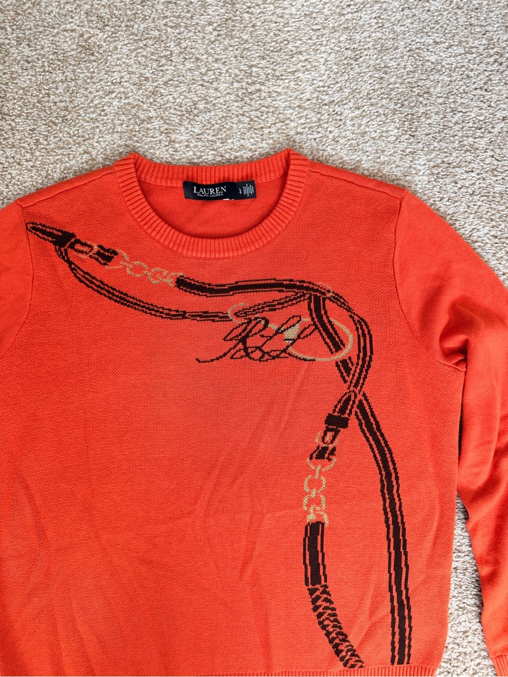 Ralph Lauren Orange Crewneck Sweater with Black & Gold Graphic